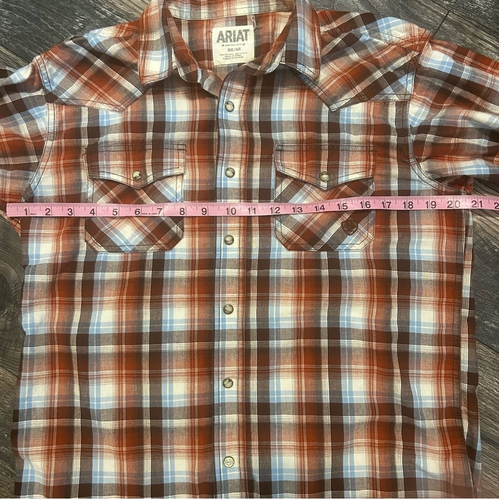 Ariat Men's Medium Pearl Snap Brown Rust Plaid Shirt Long Sleeve - Picture 4 of 6